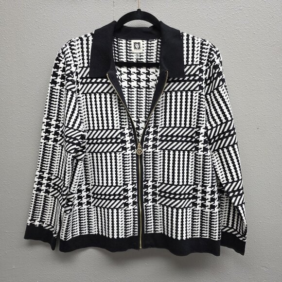 Anne Klein Cardigan Sweater Womens Large Black White Full Zip Geometric Knit - Picture 1 of 11